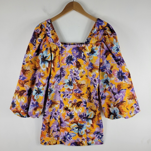 Zara Camilla Floral Square Neck Off The Shoulder Balloon Sleeve Mini Dress - Picture 4 of 11